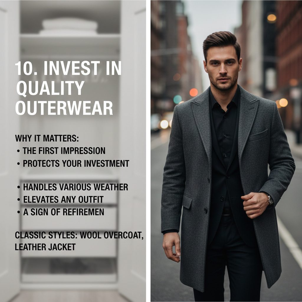 Man wearing a classic grey wool overcoat, exuding elegance and protecting his outfit from the elements.