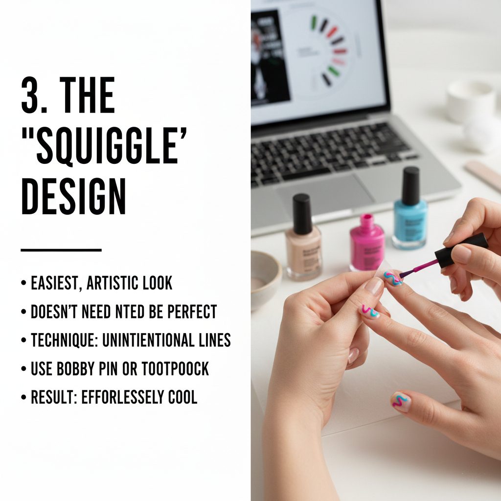 Trendy abstract nail art with colorful wavy squiggle lines over a nude base coat.