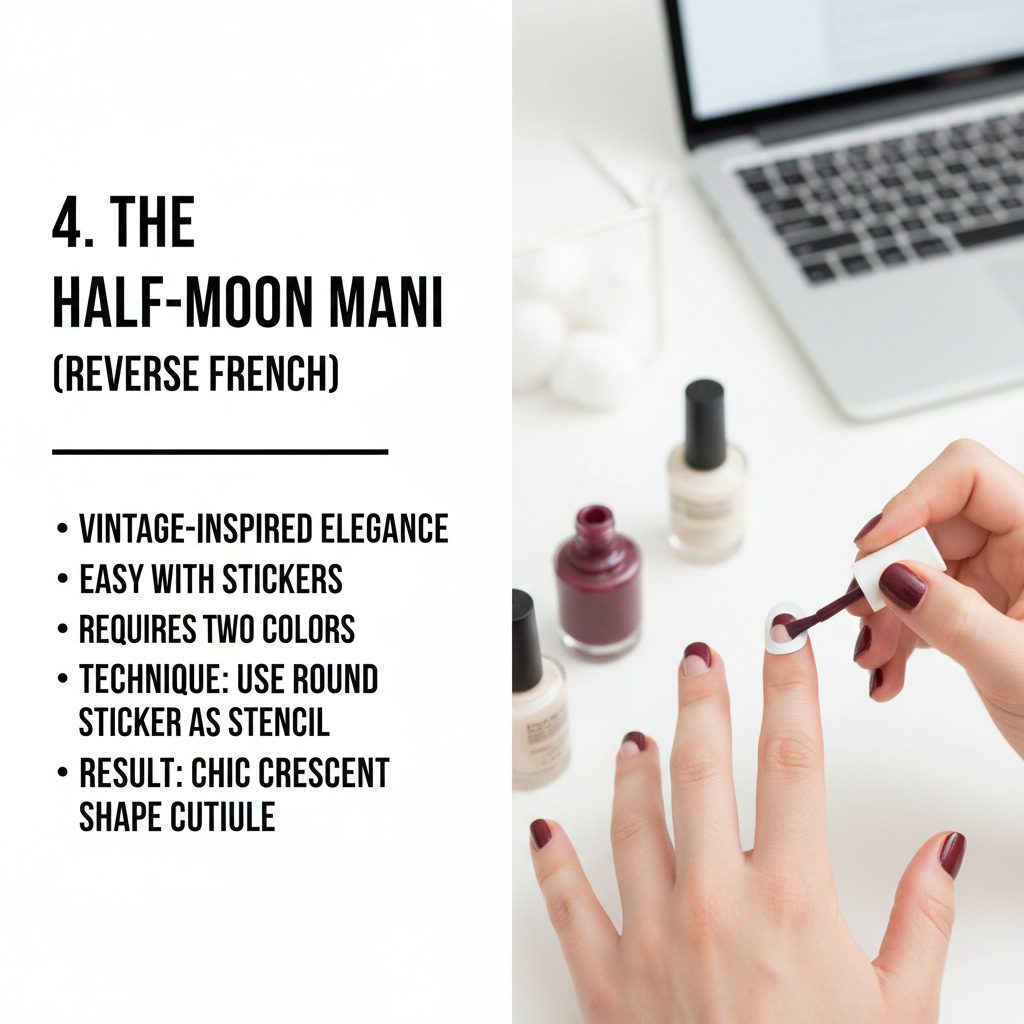 Elegant half-moon manicure with a deep red polish and a clear natural moon shape at the cuticle.