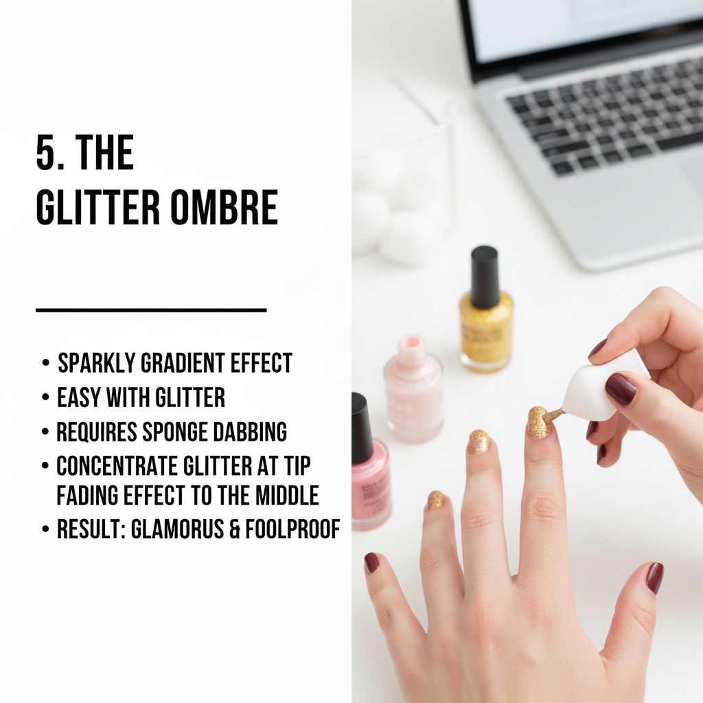 Festive glitter ombre nails with silver sparkles fading from the tips to the center of the nail.