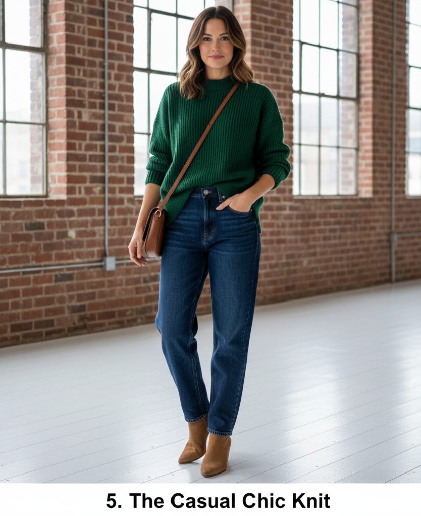 Casual autumn outfit with a tucked-in soft knit sweater, dark wash baggy jeans, and suede ankle boots.