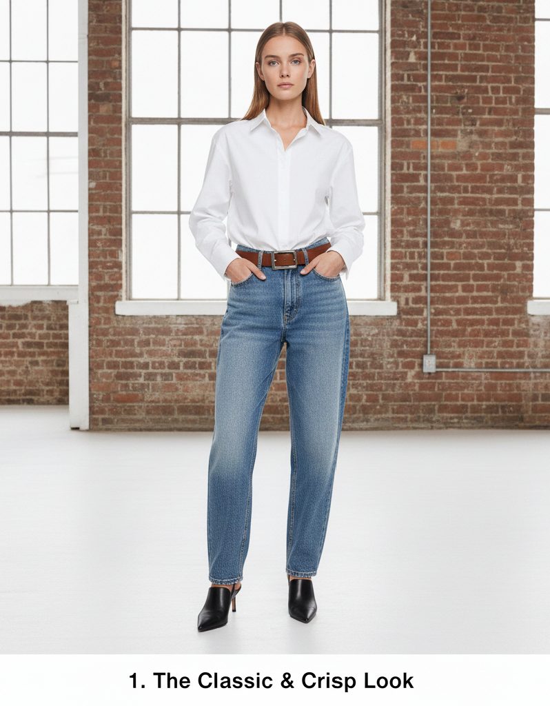 A woman wearing a crisp white button-down shirt tucked into light-wash baggy jeans with a leather belt and pointed heels.
