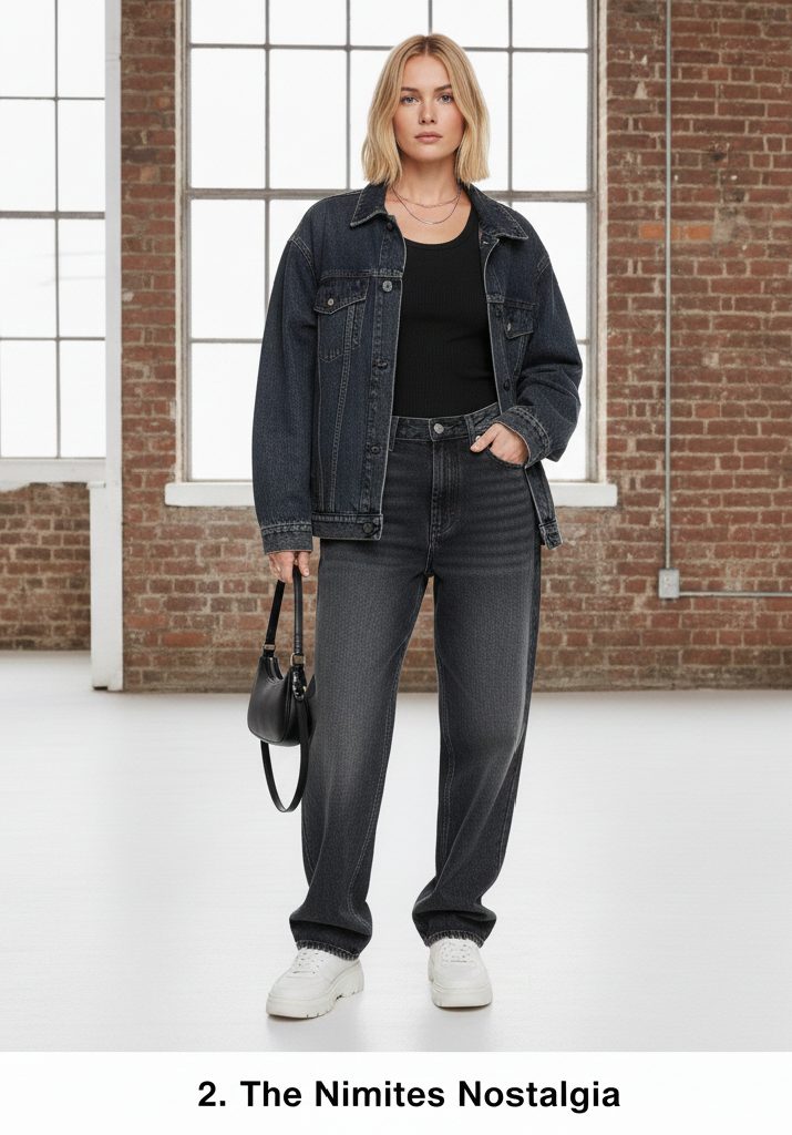 90s inspired fashion featuring a fitted black ribbed tank top, oversized denim jacket, and baggy jeans with chunky white sneakers.