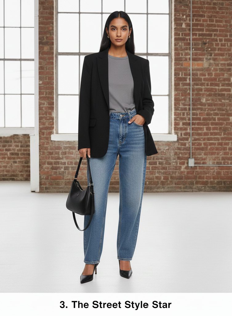 Chic street style outfit with a tailored black blazer over a neutral t-shirt and loose-fitting denim jeans.