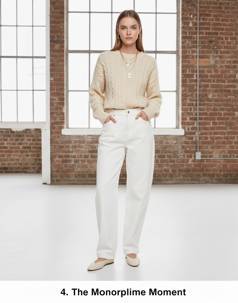 All-white monochrome look featuring a cream knit sweater and white baggy jeans with gold jewelry accents.