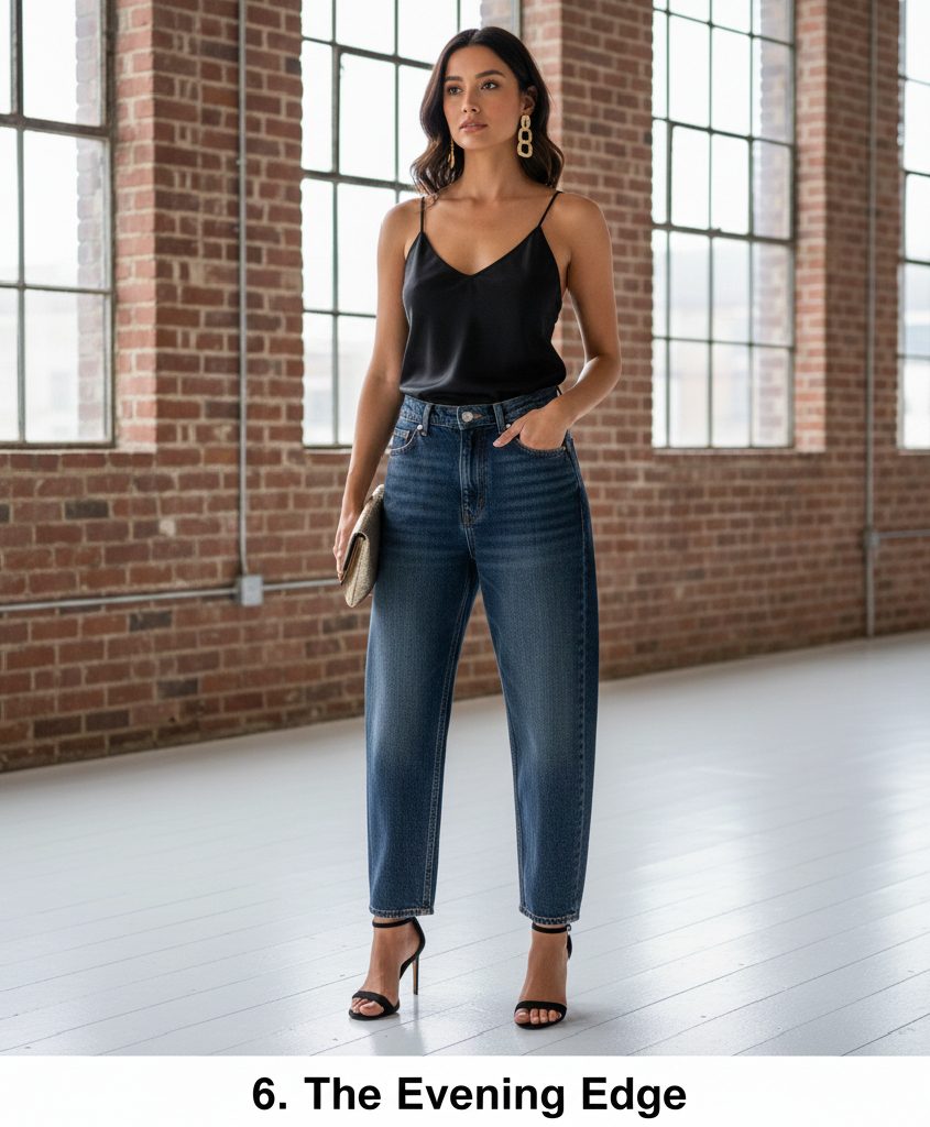 Night-out look featuring a silk satin camisole paired with dark baggy jeans, strappy heels, and bold earrings.