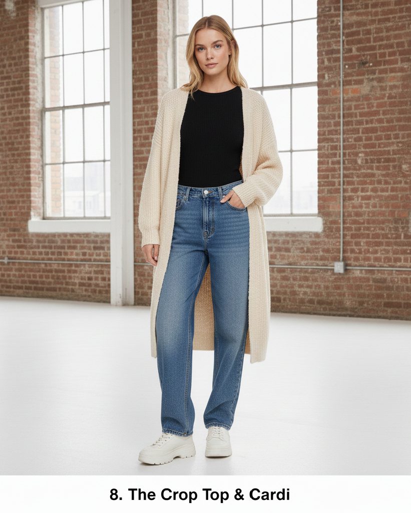 Trendy outfit showing a fitted crop top and relaxed cardigan paired with high-waisted baggy jeans and sneakers.