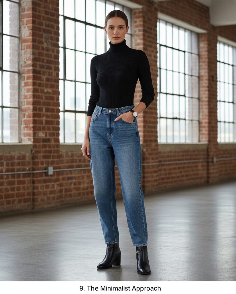 Minimalist fashion aesthetic with a black turtleneck sweater and perfectly tailored medium-wash baggy jeans.