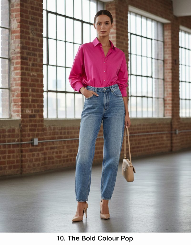 Bold fashion statement featuring a hot pink blazer paired with light blue baggy jeans and neutral accessories.