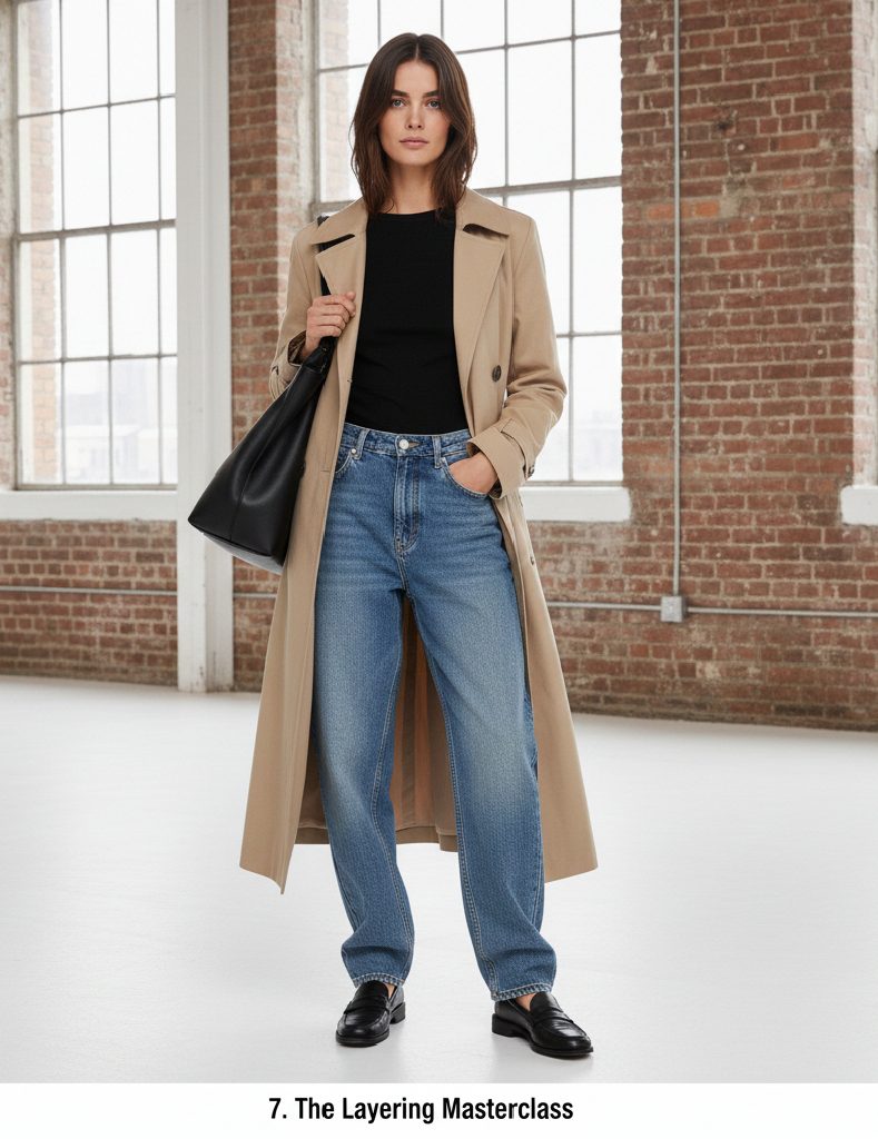 Layered fashion look with a long camel trench coat over a black top and baggy denim jeans with a shopper bag.