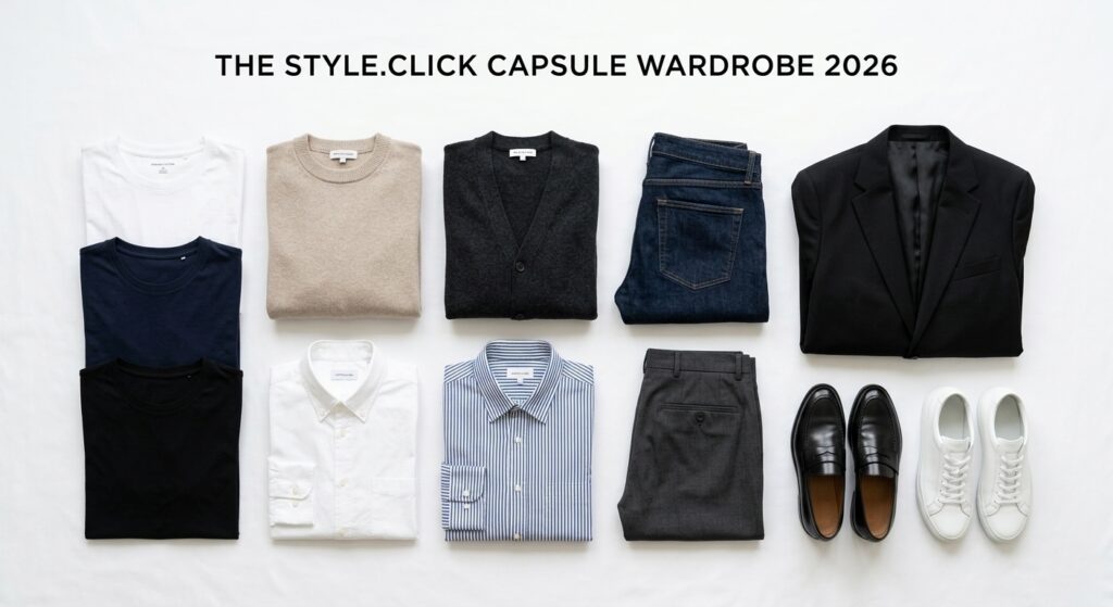 Flat lay of minimalist capsule wardrobe essentials for 2026, including neutral shirts, sweaters, tailored trousers, blazer, loafers, and sneakers on a white background.