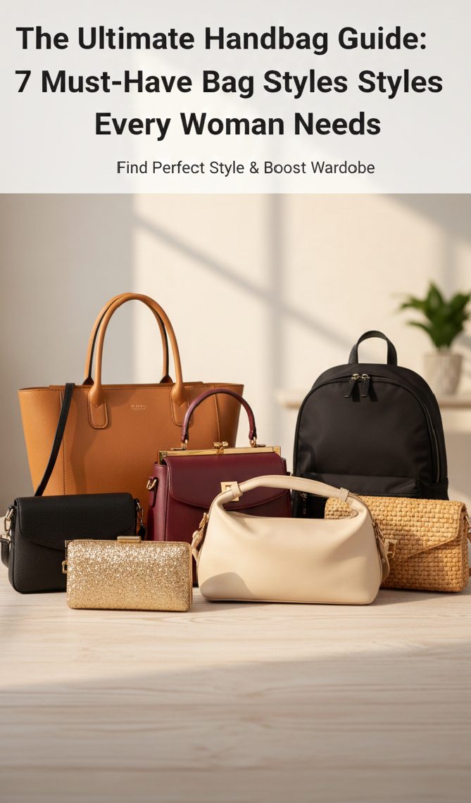A collection of 7 essential women's handbags including a leather tote, crossbody bag, glitter clutch, and stylish backpack arranged on a wooden surface.