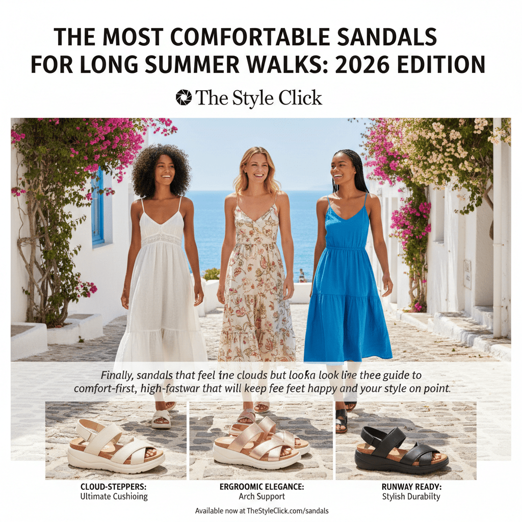 Three fashionable women walking down a bright Mediterranean coastal street in summer dresses, paired with stylish ergonomic sandals. Below them, a product showcase features three pairs of high-comfort sandals in white, rose gold, and black.