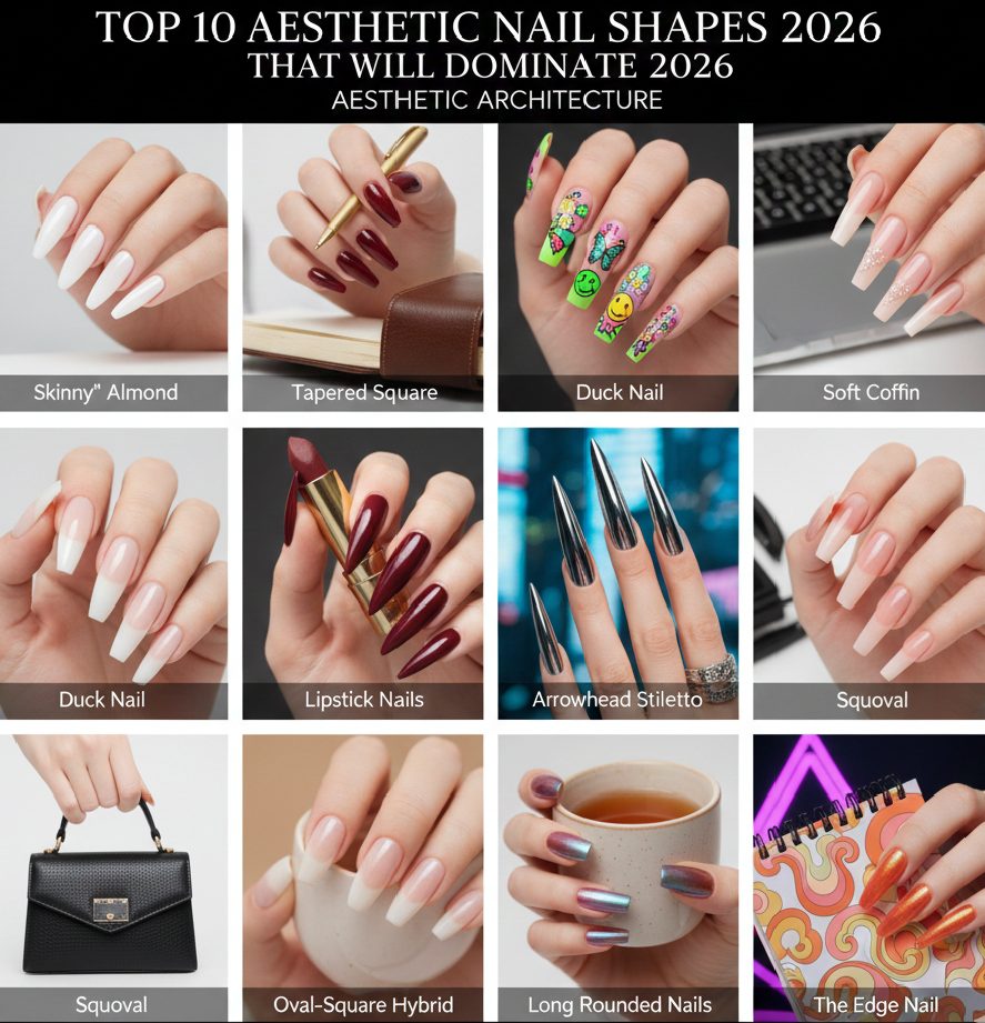 A professional grid display showcasing 10 different aesthetic nail shapes for 2026, including Skinny Almond, Tapered Square, and Edge nails with futuristic chrome and minimalist finishes.