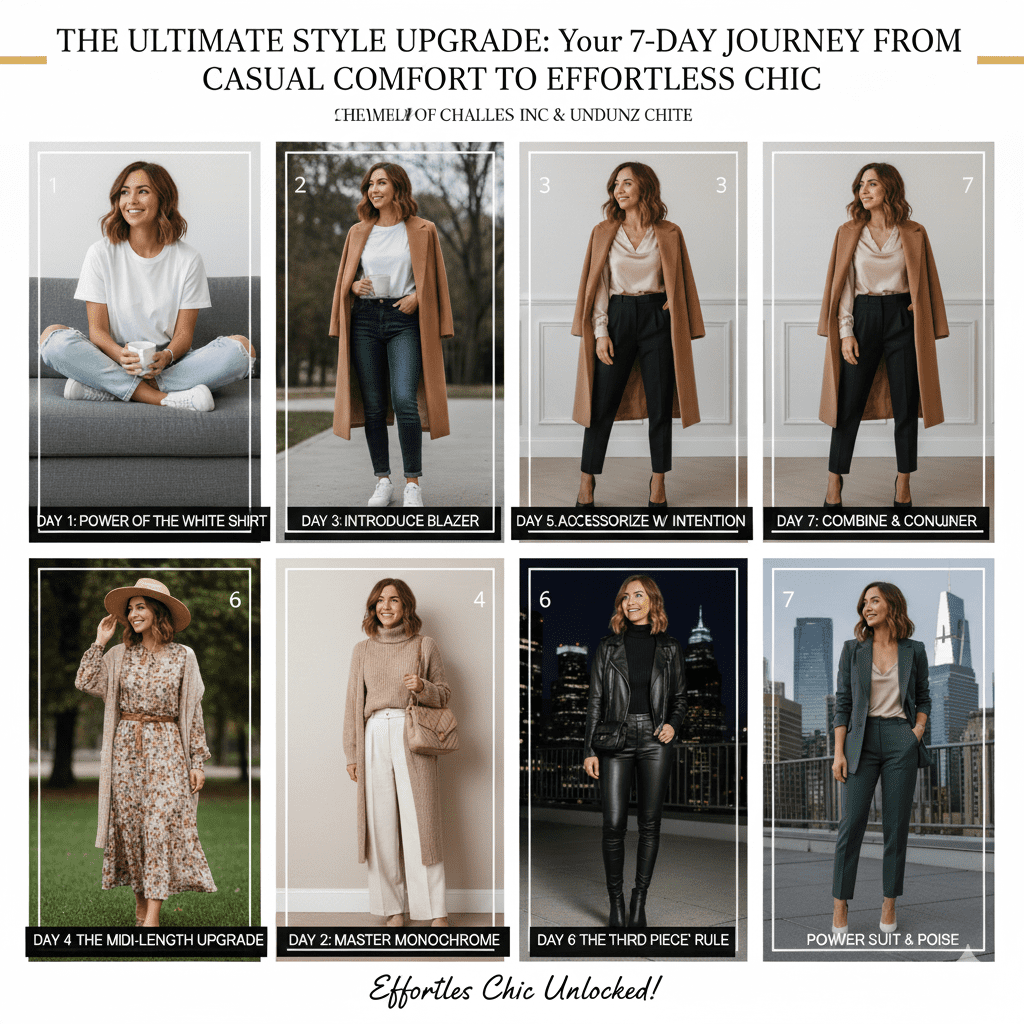 A comprehensive 7-day style guide collage showing a woman’s fashion transformation from casual loungewear and jeans to sophisticated blazers, midi skirts, and power suits.