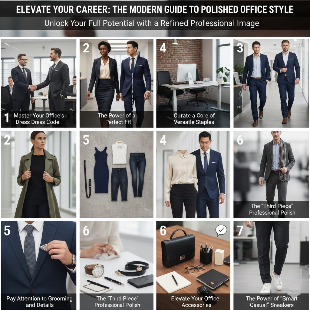 A professional 12-panel grid infographic titled "Elevate Your Career: The Modern Guide to Polished Office Style," featuring diverse men and women in various business formal and smart casual outfits, showcasing tailored suits, office accessories, and grooming details.
