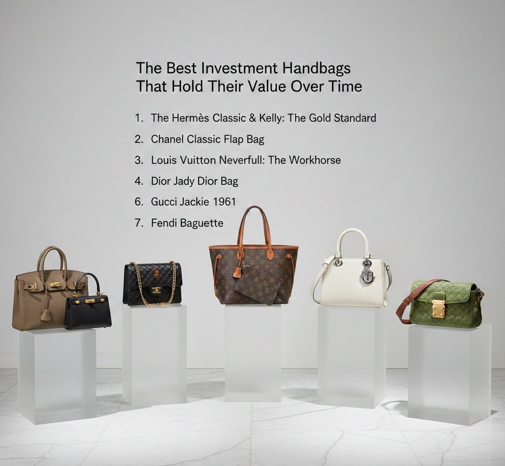 A curated collection of luxury investment handbags including Hermès Birkin, Chanel Classic Flap, Louis Vuitton Neverfull, Dior Lady Dior, and Fendi Baguette displayed on white pedestals in a high-end gallery setting.