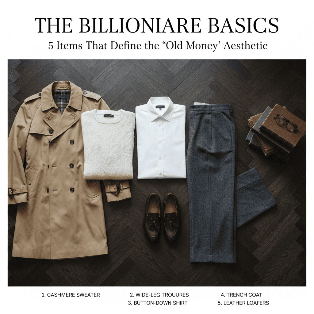 A premium editorial layout featuring five old money aesthetic essentials: a cream cashmere sweater, tailored wide-leg trousers, a white structured button-down shirt, a camel wool overcoat, and polished leather loafers on a minimalist background.