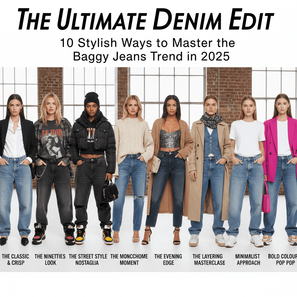 A collage of women showcasing 10 different ways to style baggy jeans for 2025 trends, including blazers, crop tops, and monochrome outfits in a chic urban setting.