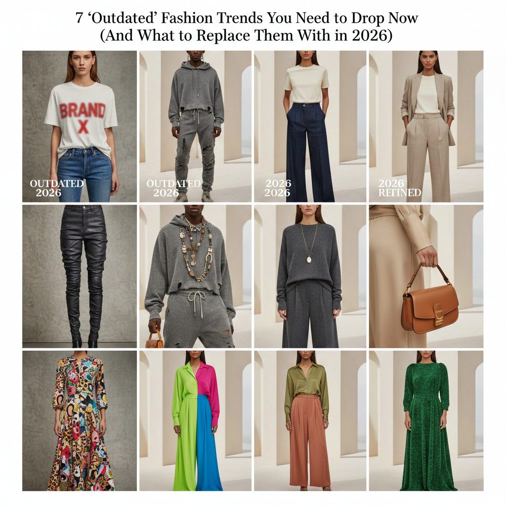 A side-by-side comparison grid of 7 outdated fashion trends versus 2026 refined styles, featuring quiet luxury aesthetics, wide-leg trousers, muted tones, and minimalist accessories.