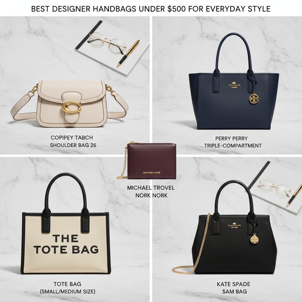A curated collection of affordable designer handbags featuring the Coach Tabby, Tory Burch Tote, and Marc Jacobs The Tote Bag in a stylish lifestyle setting.