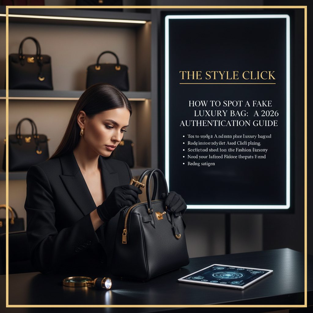 Infographic of 2026 luxury bag authentication guide showing material tests, stitching precision, hardware quality, and digital AI scanning for designer handbags.