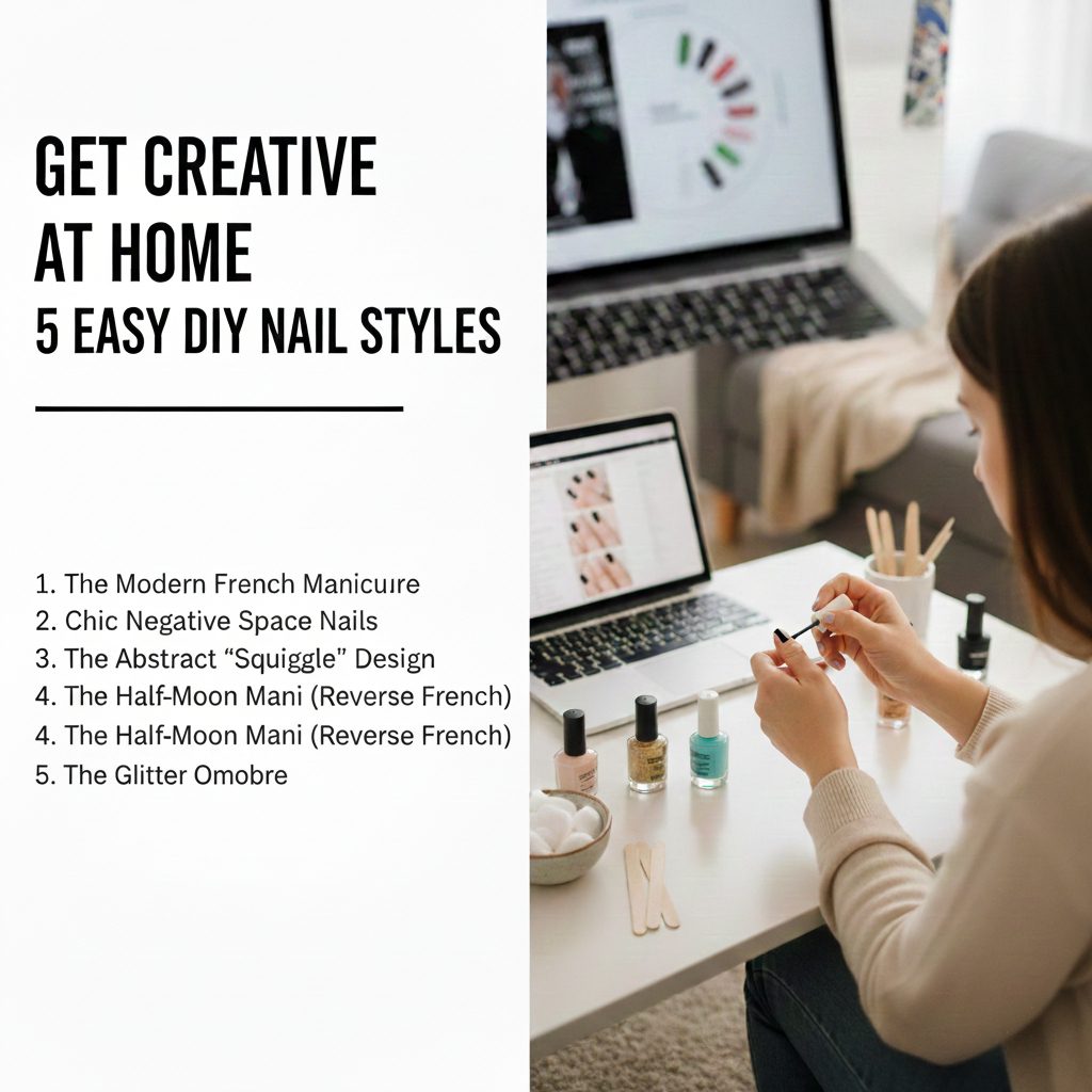 A collage of 5 creative DIY nail art styles including Modern French, Negative Space, and Glitter Ombre on elegant hands.