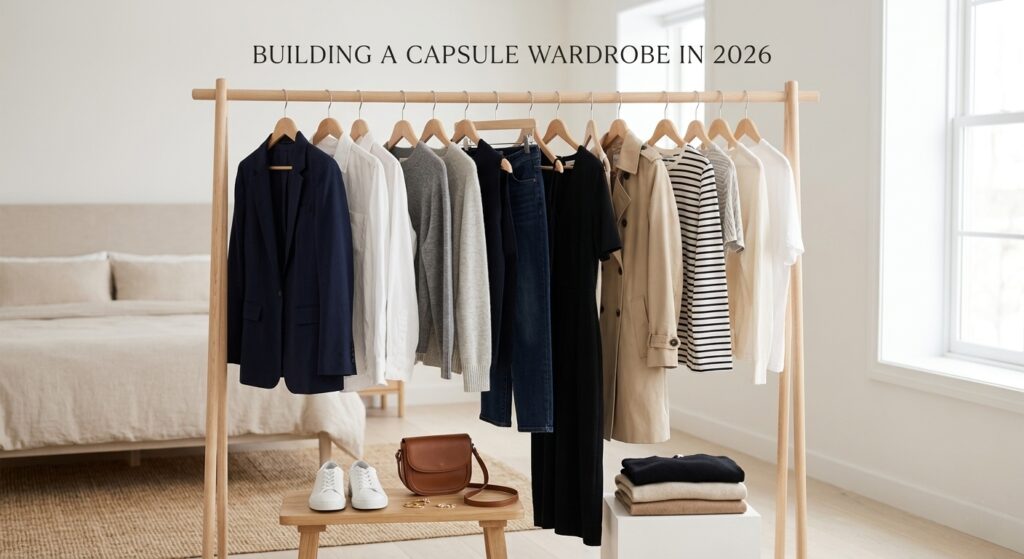 Minimalist capsule wardrobe essentials for 2026 showing neutral fashion clothing on a rack."
