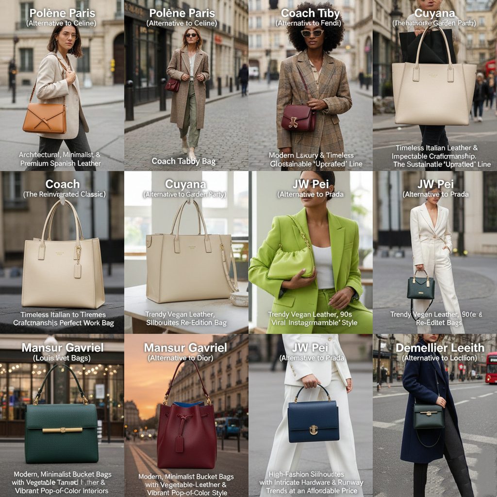 A group of stylish women walking on a city street carrying affordable designer alternative bags from brands like Polène, Coach, Cuyana, and JW Pei.