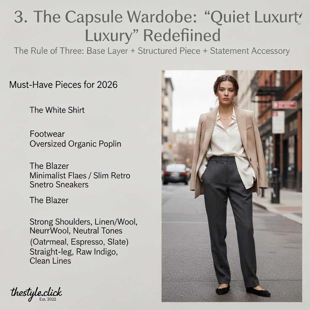 Minimalist capsule wardrobe featuring an oversized organic poplin white shirt, tailored trousers, and a structured linen blazer in oatmeal tones.
​Title: Quiet Luxury 2.0: Sustainable Investment Pieces