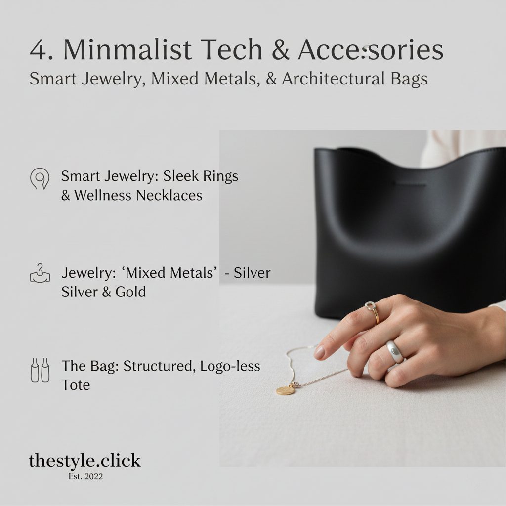 Close-up of mixed metal jewelry featuring a silver watch and a gold smart ring (Oura style) with a structured logo-less leather tote bag.
​Title: 2026 Accessories: Smart Jewelry & Mixed Metals
