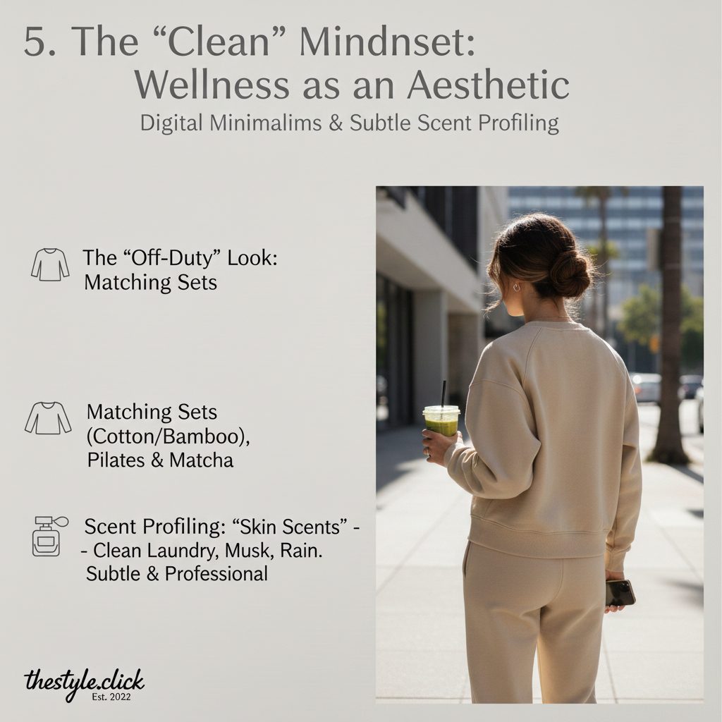 An off-duty lifestyle look featuring a high-quality bamboo matching set and a matcha latte, representing 2026 digital minimalism and wellness.
​Title: The Clean Mindset: Wellness & Digital Minimalism