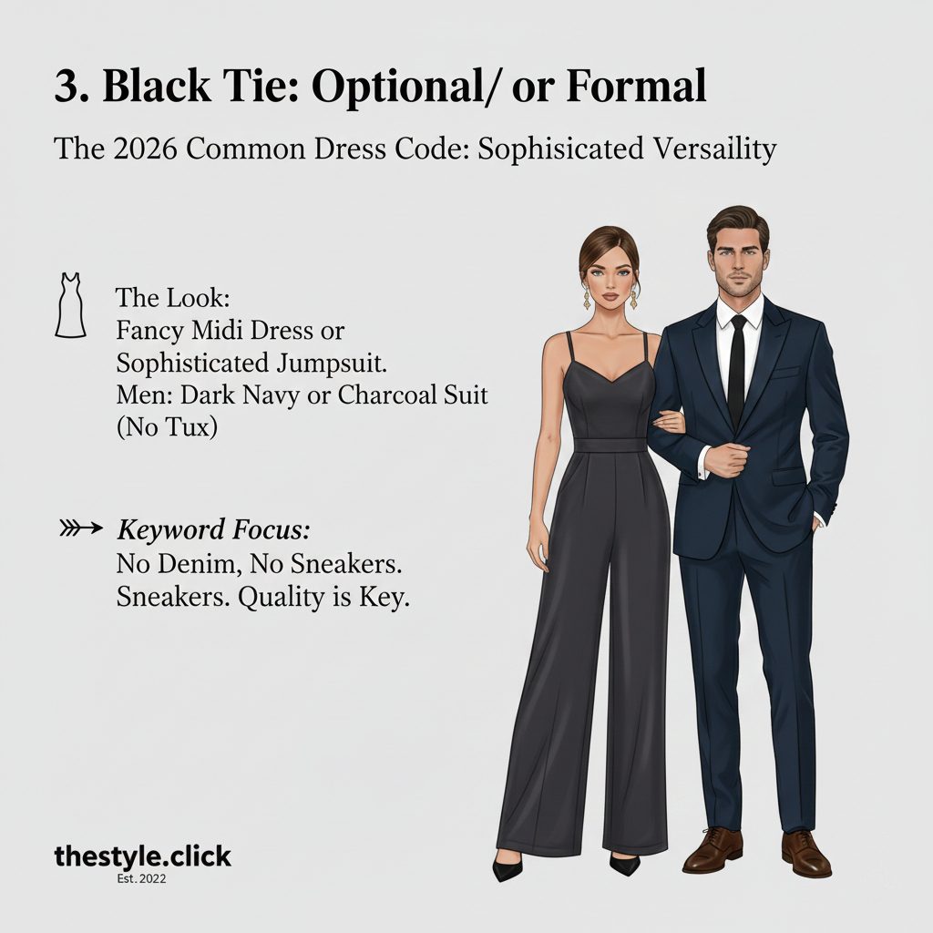 A guest wearing a sophisticated navy midi dress and a man in a charcoal grey suit representing 2026 formal dress code.