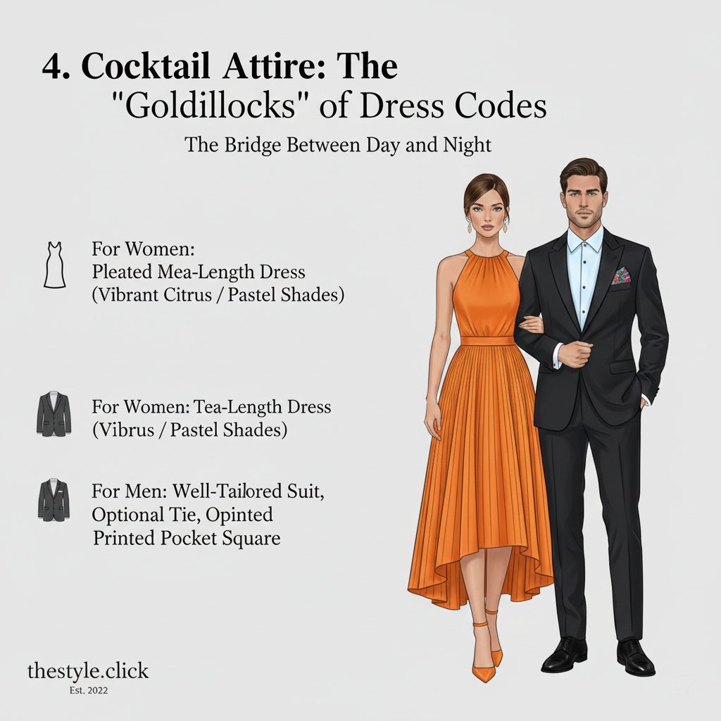 A pleated tea-length dress in vibrant citrus color and a tailored suit with a printed pocket square for 2026 cocktail attire.