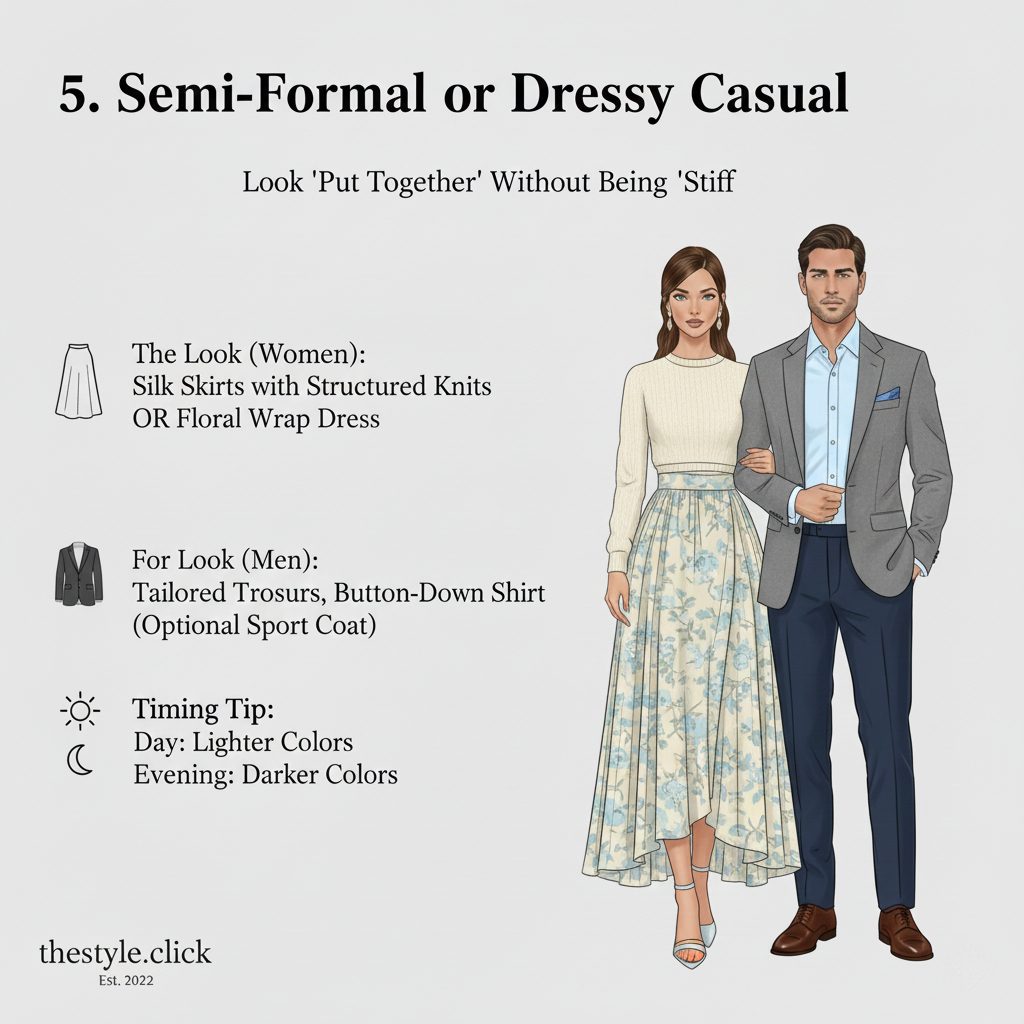 A woman in a silk skirt and structured knit and a man in a dressy casual blazer for a high-end brunch wedding.