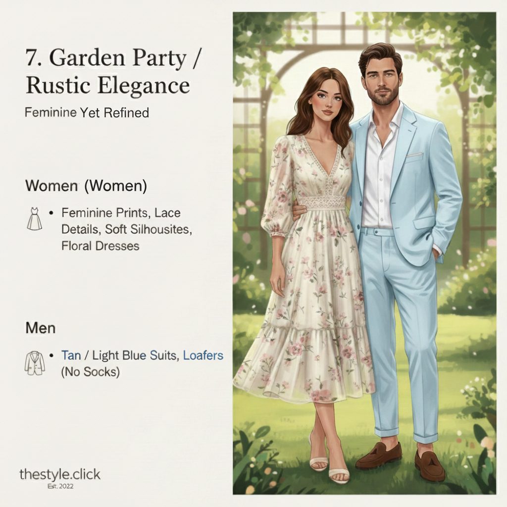 A man in a light blue summer suit with loafers and a woman in a feminine floral lace dress for a garden wedding.
