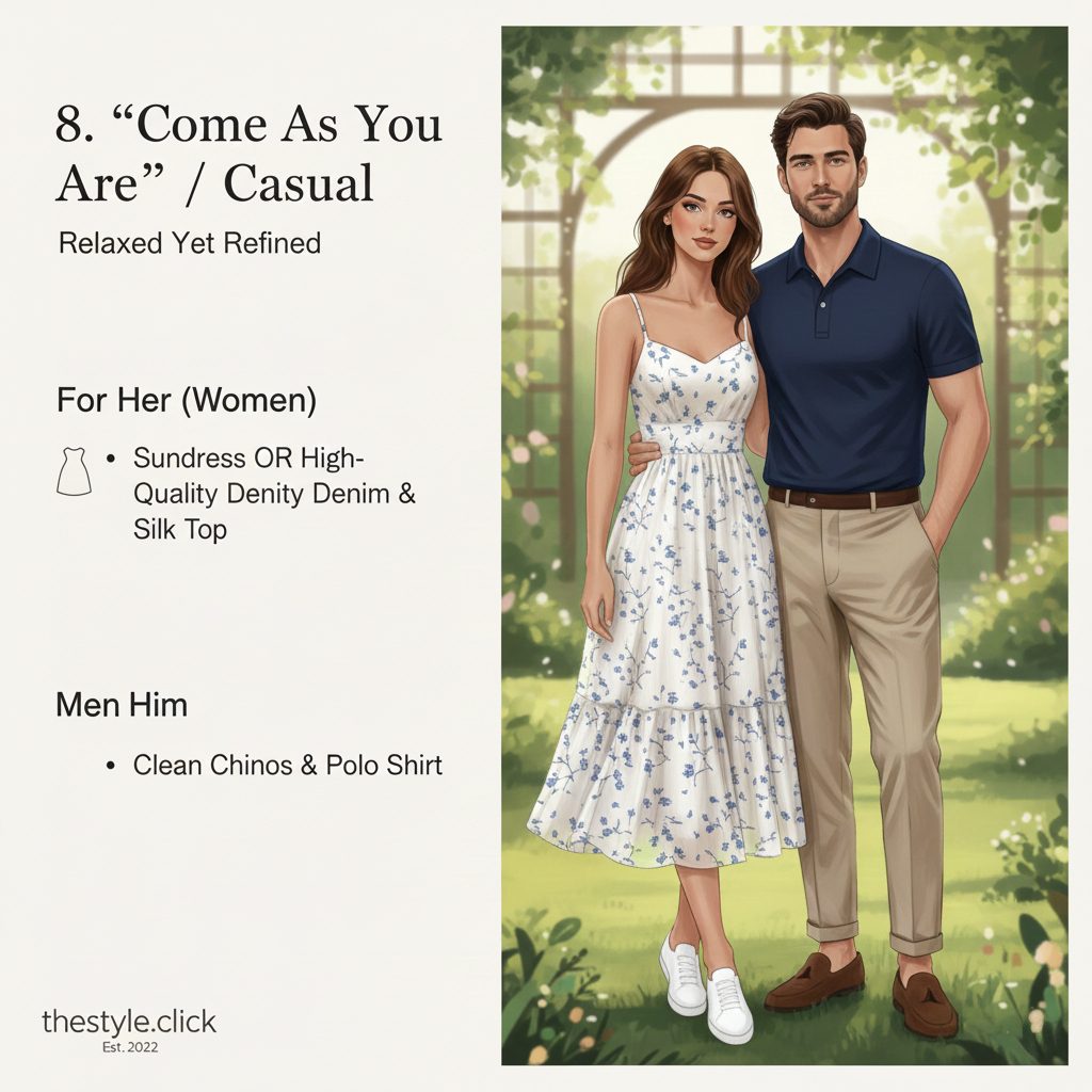 A clean casual wedding look featuring men's chinos with a polo and a women's silk top with high-quality denim.