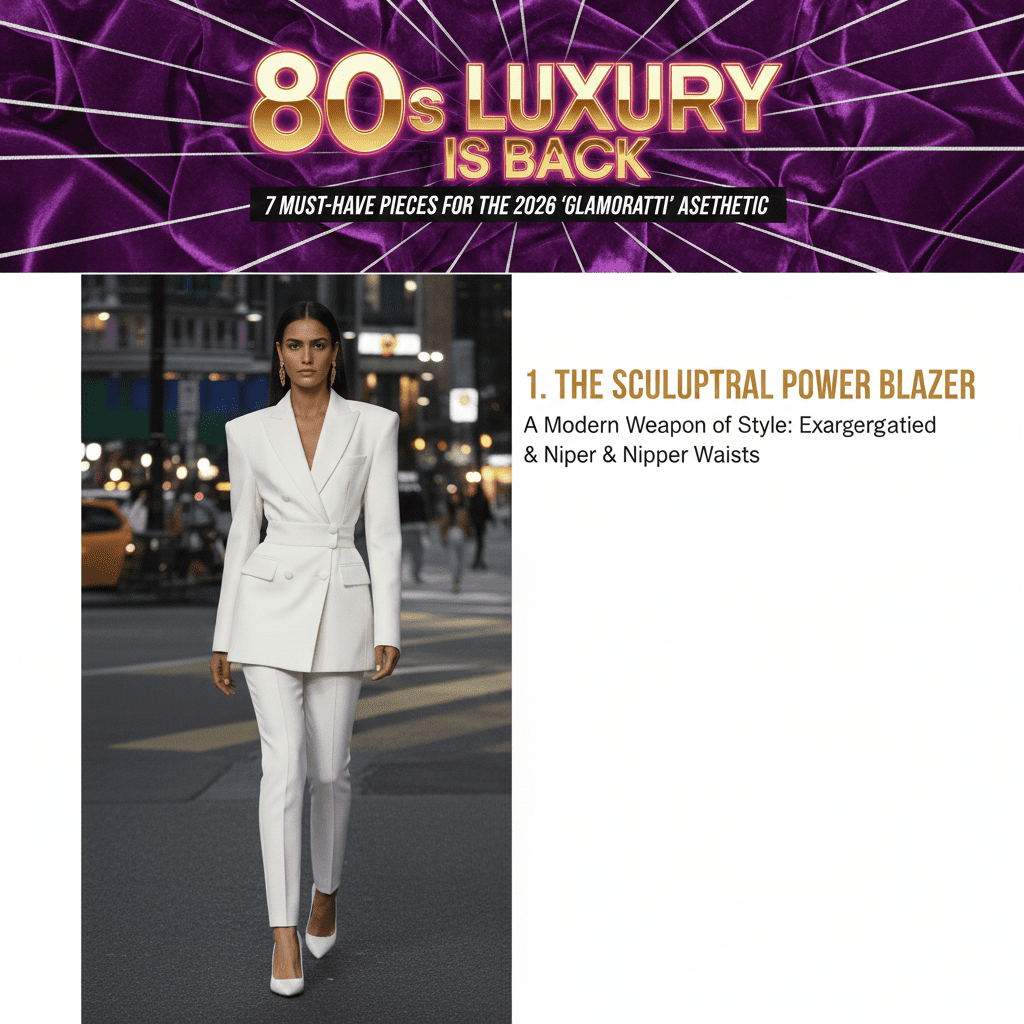 Woman wearing a white sculptural power blazer with architectural shoulder pads and nipped-in waist, 2026 Glamoratti trend.