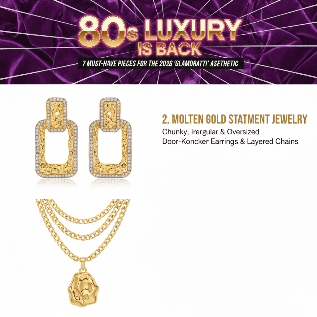 Chunky molten gold chain necklace and door-knocker earrings, 80s inspired maximalist jewelry trends for 2026.