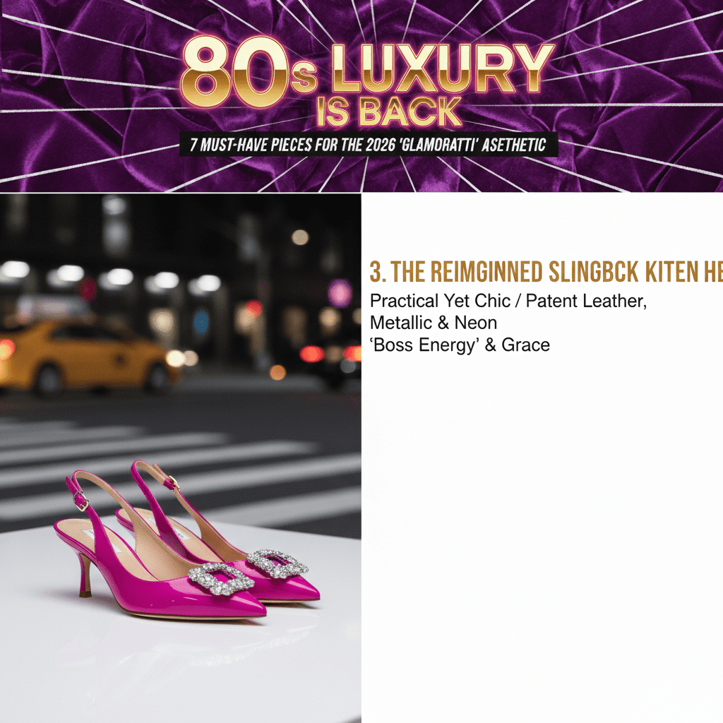 Magenta metallic slingback kitten heels with crystal buckle detail, 2026 luxury footwear aesthetic.