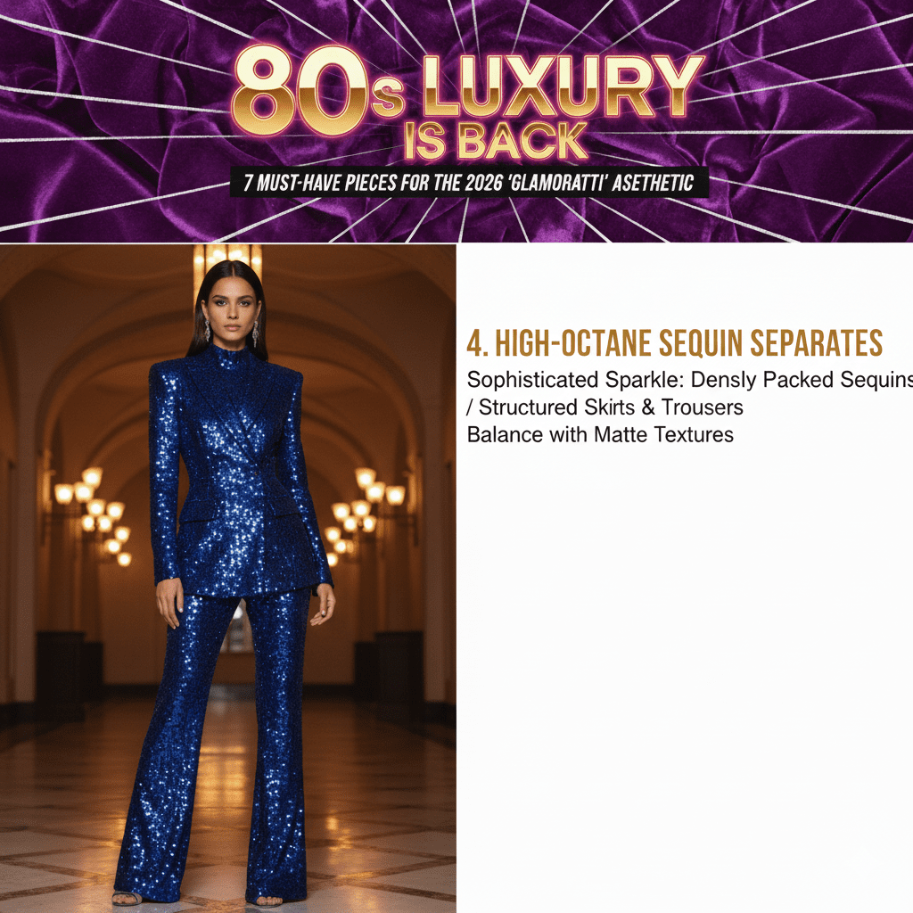 Model in a high-octane blue sequin jumpsuit, sophisticated evening wear and sparkle separates trend 2026.