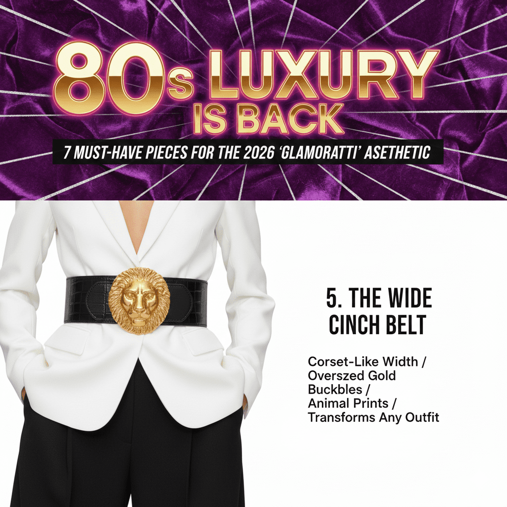 Wide black cinch belt with an oversized gold lion head buckle, 80s luxury power dressing accessory.