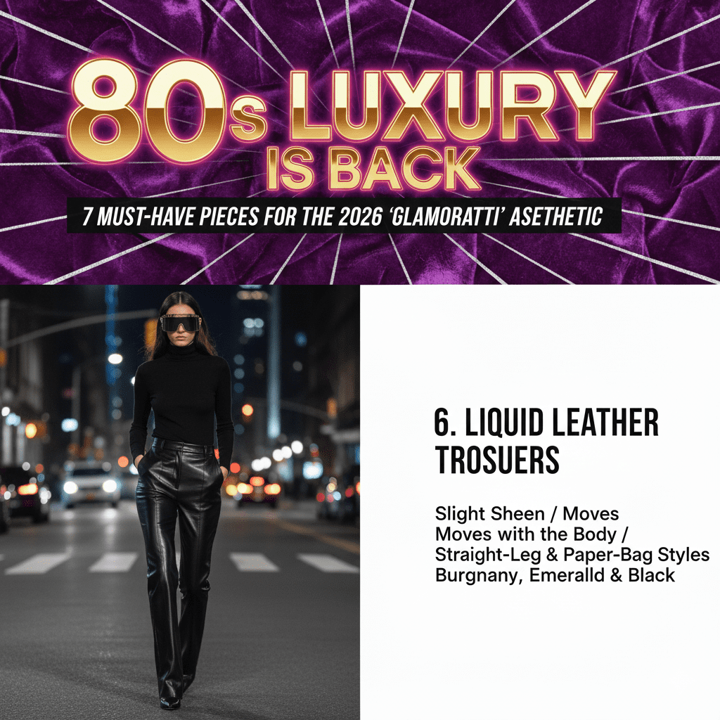 High-waisted black liquid leather trousers with high shine finish, modern 80s Glamoratti street style.