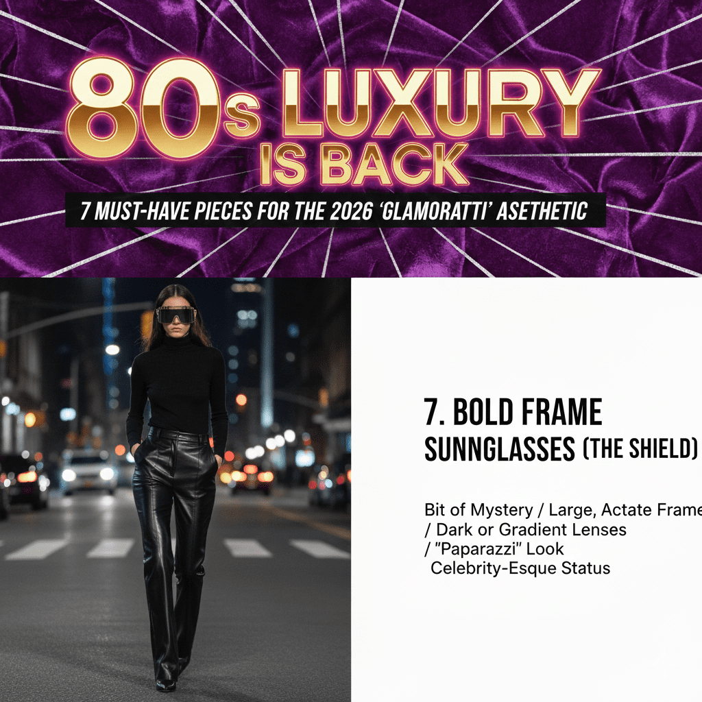 Woman wearing oversized bold frame shield sunglasses in gold and black, 2026 luxury eyewear fashion.