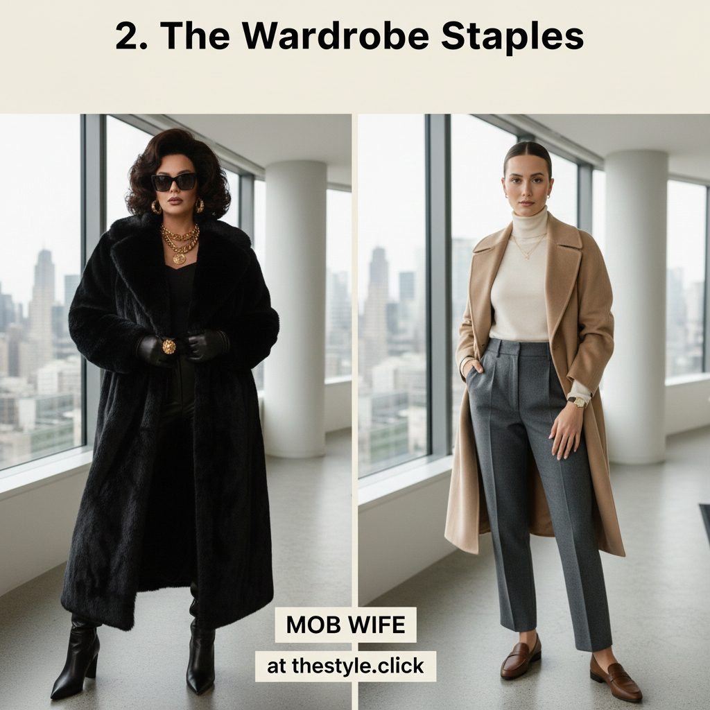 A visual guide of 2026 fashion staples including faux fur coats, gold chunky jewelry, tailored wool blazers, and luxury loafers.