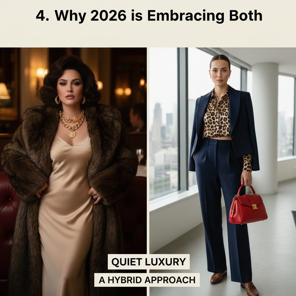 A modern 2026 fashion look blending quiet luxury silk dresses with bold mob wife accessories and vintage furs.