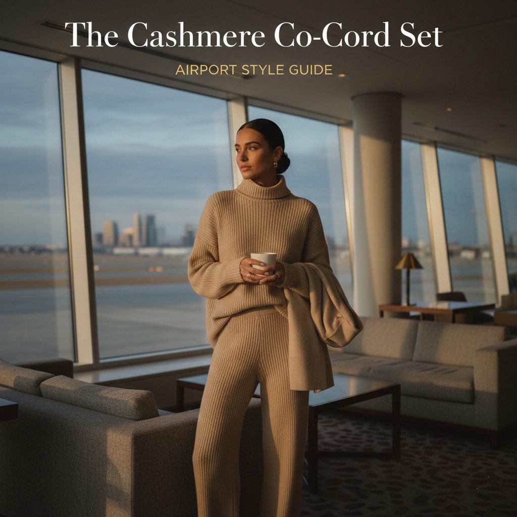 A woman at an airport wearing a monochrome sand-colored cashmere co-ord set with wide-leg trousers for a luxury travel look.