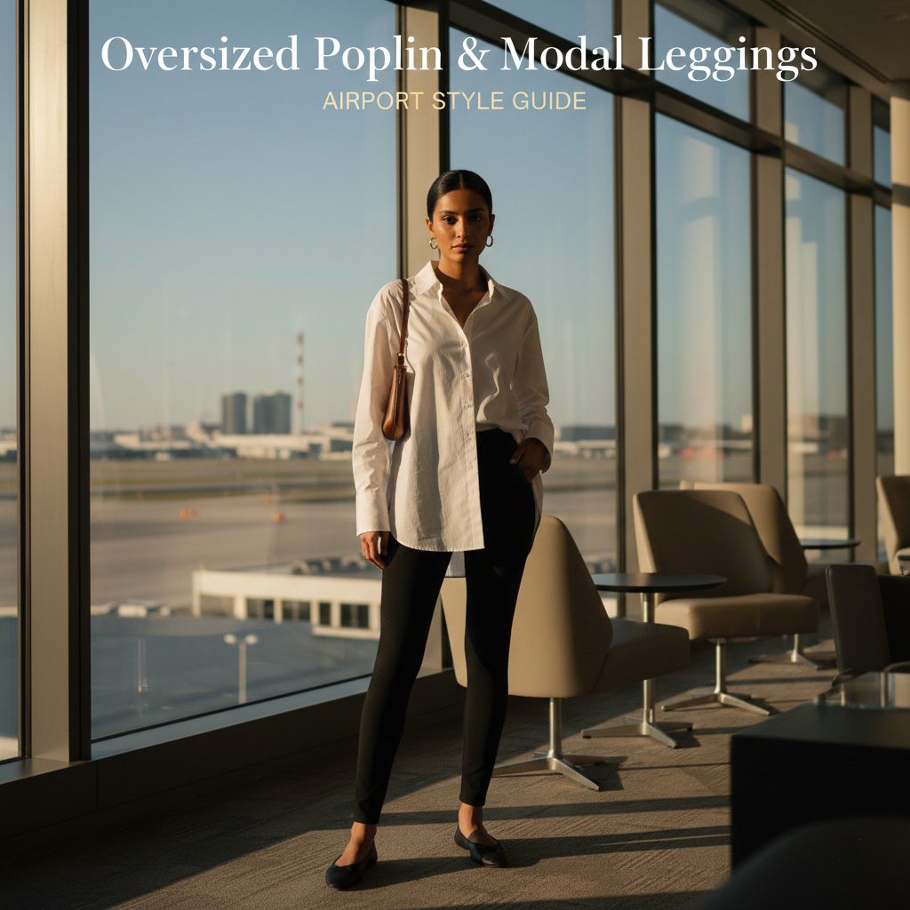 A "clean girl" aesthetic travel outfit featuring a white oversized organic poplin shirt and high-density black modal leggings.