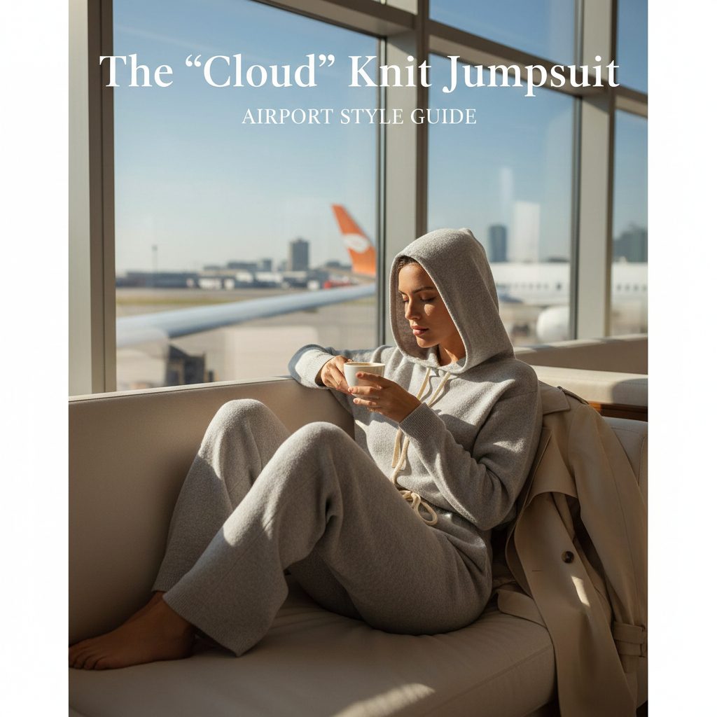 A cozy grey cloud-knit one-piece jumpsuit with a drawstring waist, perfect for sleeping comfortably on long-haul flights.