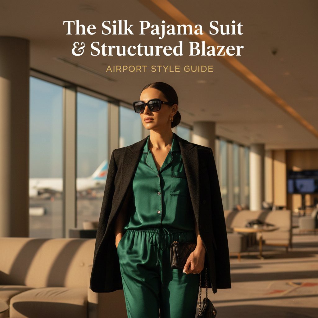 A luxury silk pajama suit in a jewel tone paired with a structured black blazer for a professional yet comfortable airport look.